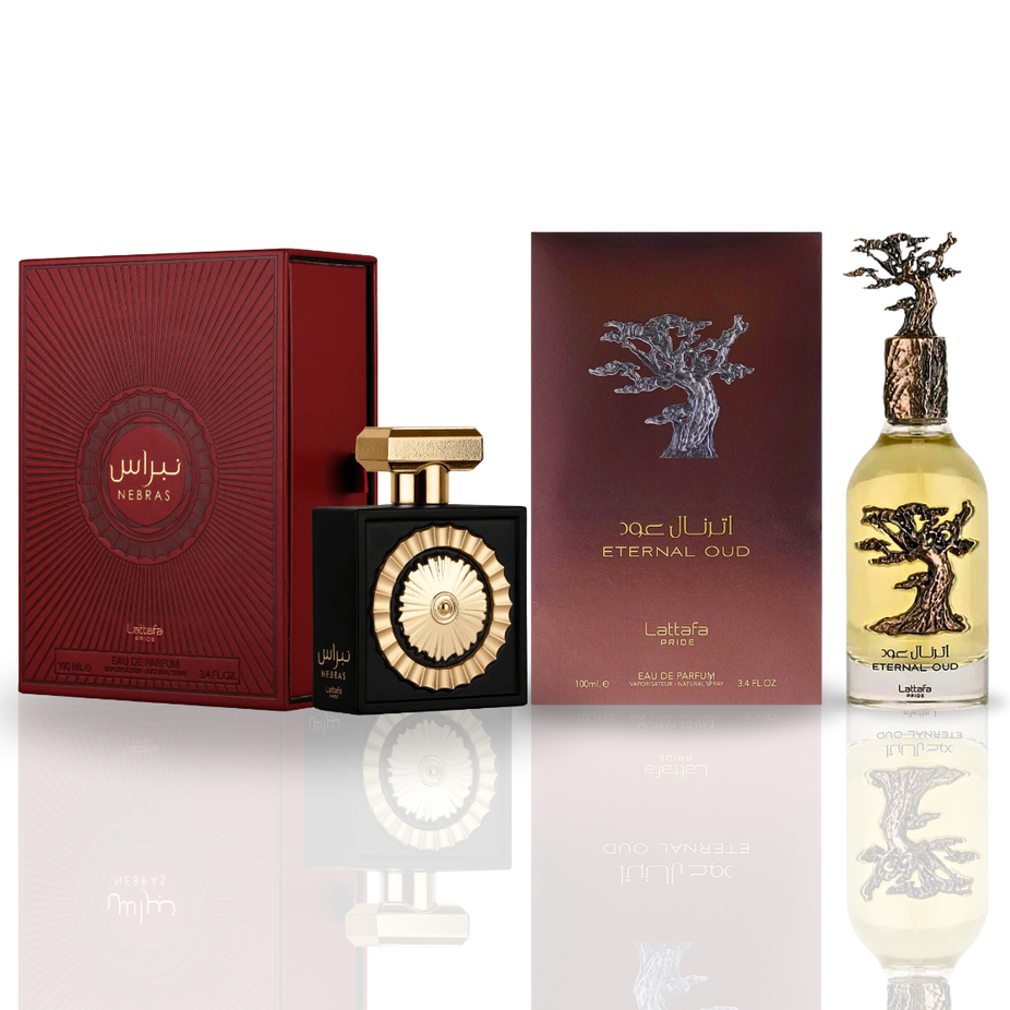 Lattafa Pride Nebras and Eternal Oud unisex EDP spray bundle, 100ML, long-lasting luxurious fragrances for men and women.