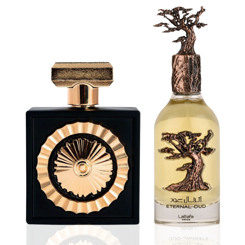 Lattafa Pride NEBRAS & Eternal Oud unisex EDP spray bundle, 100ML, long-lasting luxurious fragrances for men and women.