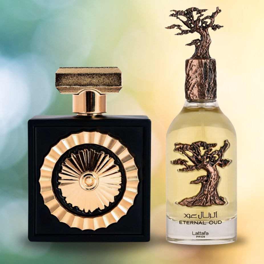 Lattafa Pride NEBRAS & Eternal Oud unisex EDP spray bundle, 100ML, long-lasting luxurious fragrances for men and women.