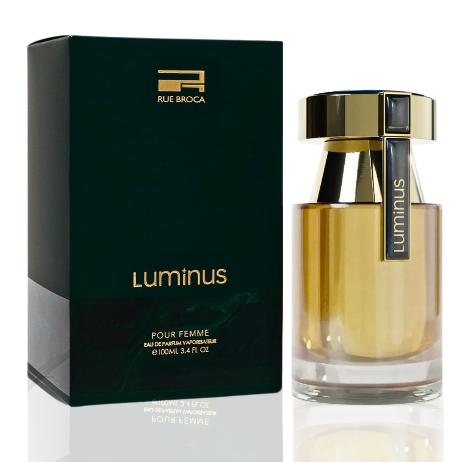 Rue Broca Luminus Pour Homme and Femme EDP sprays in 100ML bottles, featuring spicy, fruity, refreshing fragrances.