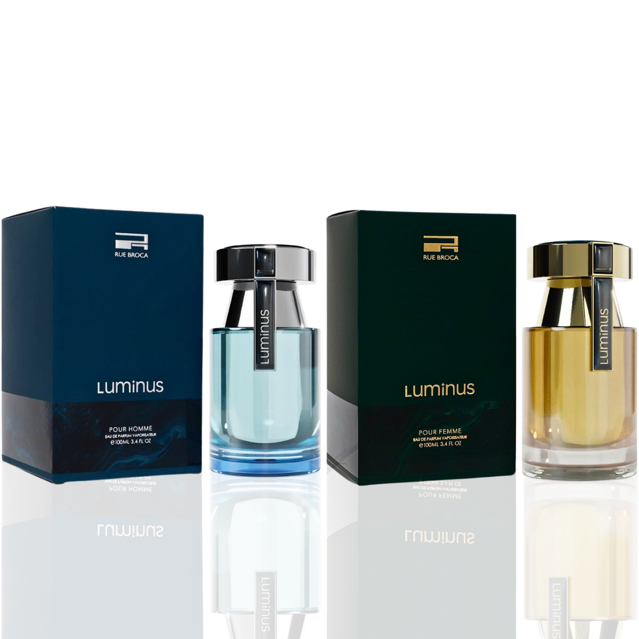 Rue Broca Luminus Pour Homme and Femme EDP spray bottles, 100ML, with spicy, fruity, refreshing fragrance packaging.