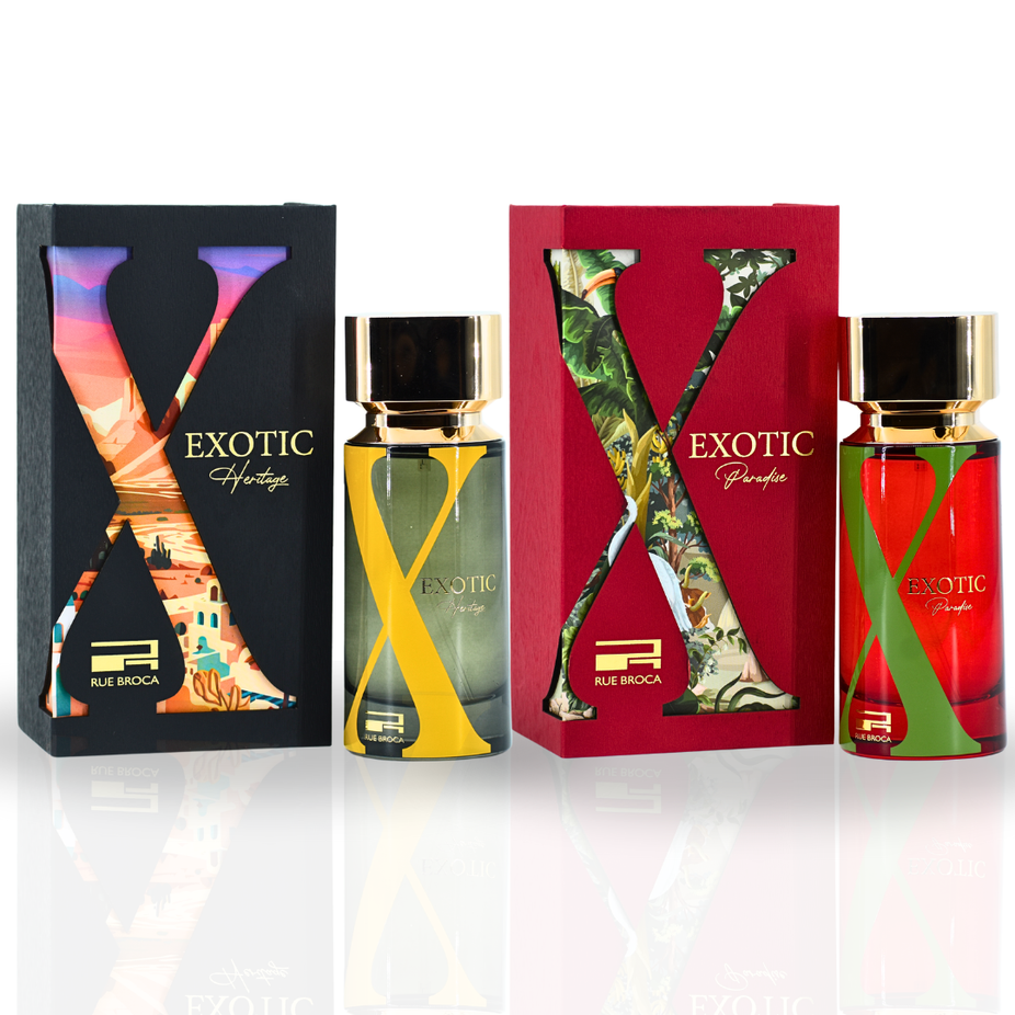 Exotic Heritage Pour Homme and Exotic Paradise Pour Femme EDP sprays by Rue Broca, floral and fruity 100ML perfume bottles.
