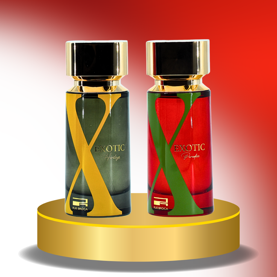 Exotic Heritage Pour Homme and Paradise Pour Femme Eau De Parfum sprays by Rue Broca in 100ml bottles, floral and fruity scents.
