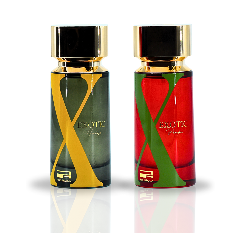 Exotic Heritage Pour Homme and Exotic Paradise Pour Femme Eau De Parfum sprays by Rue Broca, floral and fruity 100ml bottles.