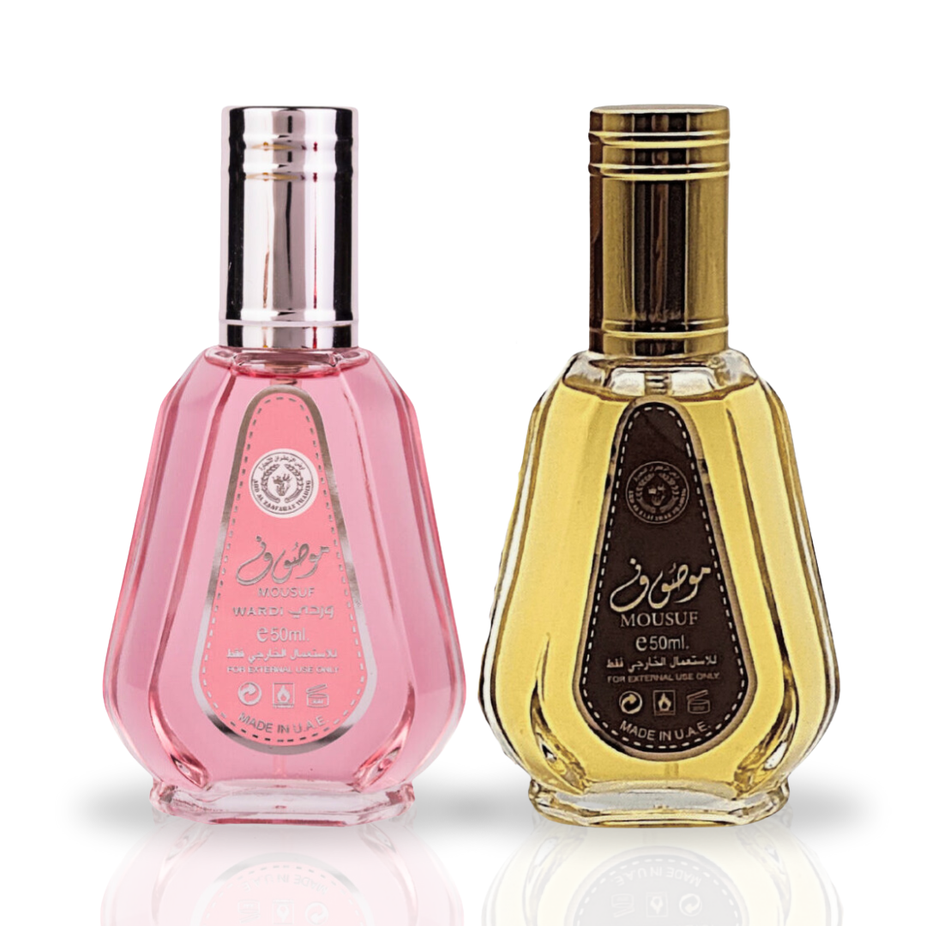 Mousuf & Mousuf Wardi EDP sprays by Ard Al Zaafaran, 50ML, featuring fruity, floral, and gourmand fragrance for men and women.