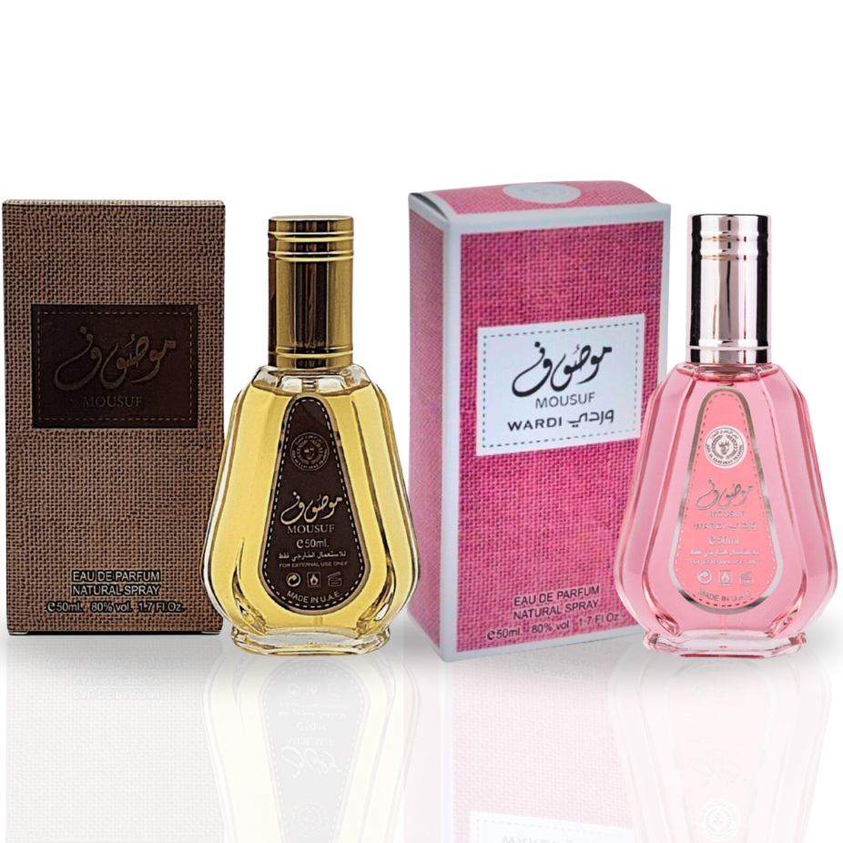 Mousuf & Mousuf Wardi EDP sprays by Ard Al Zaafaran, 50ML, featuring fruity, floral, gourmand fragrances for men and women.