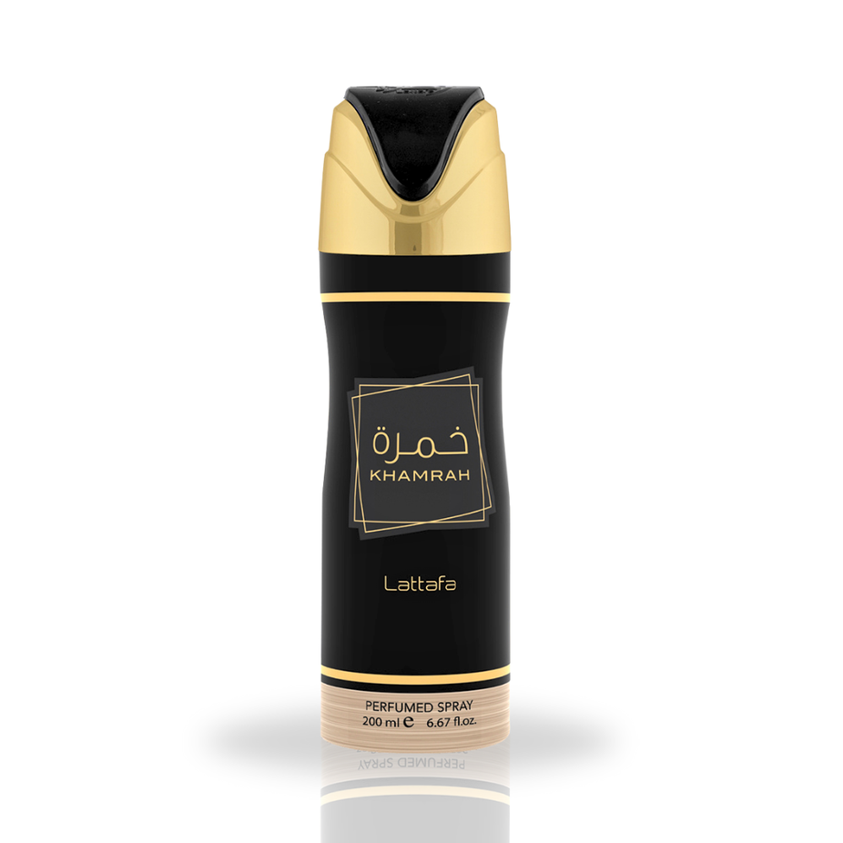 Lattafa Intense Oud Khamrah Eau de Parfum 100ml and Deodorant Spray 200ml value pack, elegant fragrance bottles side by side.
