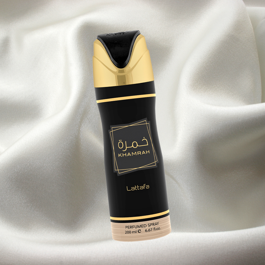 Lattafa Intense Oud Khamrah Eau de Parfum and Deodorant Spray value pack, featuring 100ml perfume and 200ml deodorant.