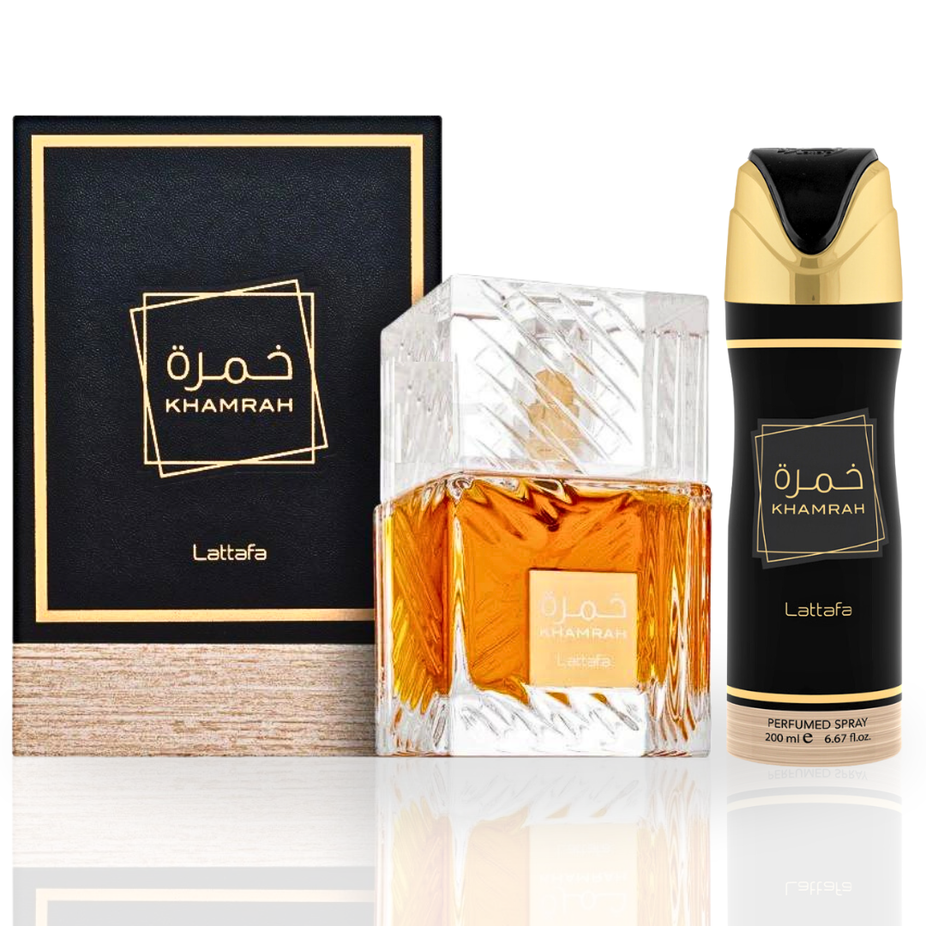 Intense Oud Khamrah Eau de Parfum and Deodorant Spray value pack by Lattafa with 100ml perfume and 200ml deodorant sprays.