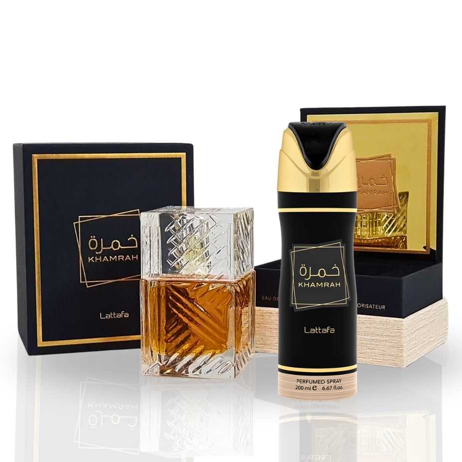 Lattafa Intense Oud Khamrah Eau de Parfum 100ml and Deodorant Spray 200ml value pack, featuring luxurious fragrance and deodorant.