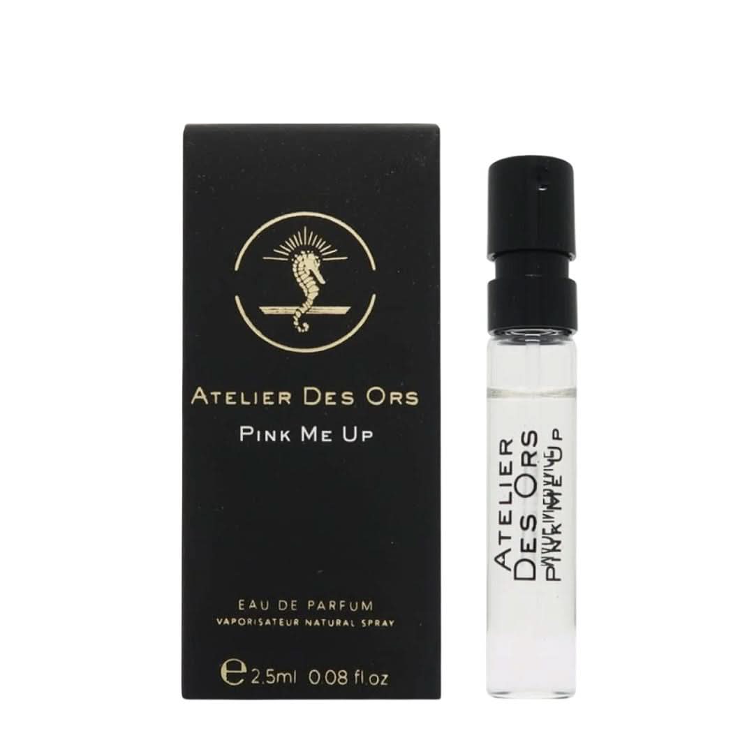 Pink Me Up Eau de Parfum sample spray by Atelier Des Ores, small vial with pink accents and elegant packaging.