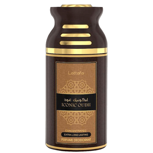 Lattafa Oud men deodorant collection featuring Pure Oudi, Raaes, and Iconic Oudh scents with 250ml bottles.