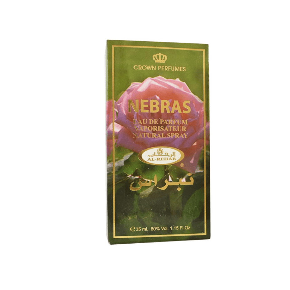 Al Rehab Nebras Eau de Parfum spray 35ml bottle with elegant design and clear cap, showcasing the fragrance packaging.