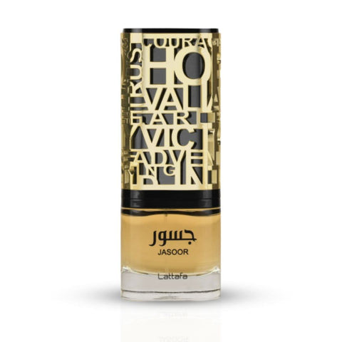 Lattafa Jasoor Eau de Parfum Spray 100ml with velvet pouch, featuring a sleek bottle and elegant packaging for a luxurious fragrance experience.