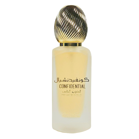 Lattafa Confidential Private Gold Hair Mist 50ml with velvet pouch, featuring a sleek bottle and luxurious packaging.