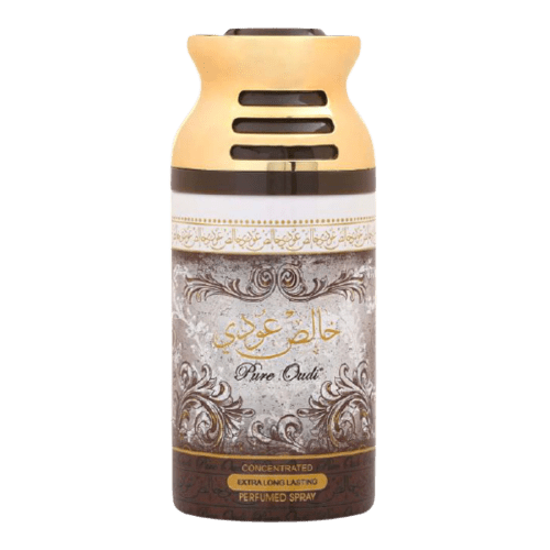 Lattafa Oud 250ml men's deodorant from the Pure Oudi, Raaes, Iconic Oudh collection, featuring a sleek bottle with fragrance details.