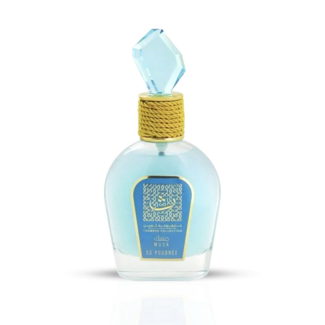 Lattafa So Poudree Thameen Collection Musk Eau de Parfum spray in 100ml bottle with velvet pouch, showcasing elegant packaging.