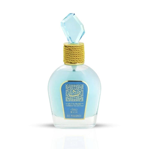 Lattafa So Poudree Thameen Collection Musk Eau de Parfum spray in 100ml bottle with velvet pouch, showcasing elegant packaging.