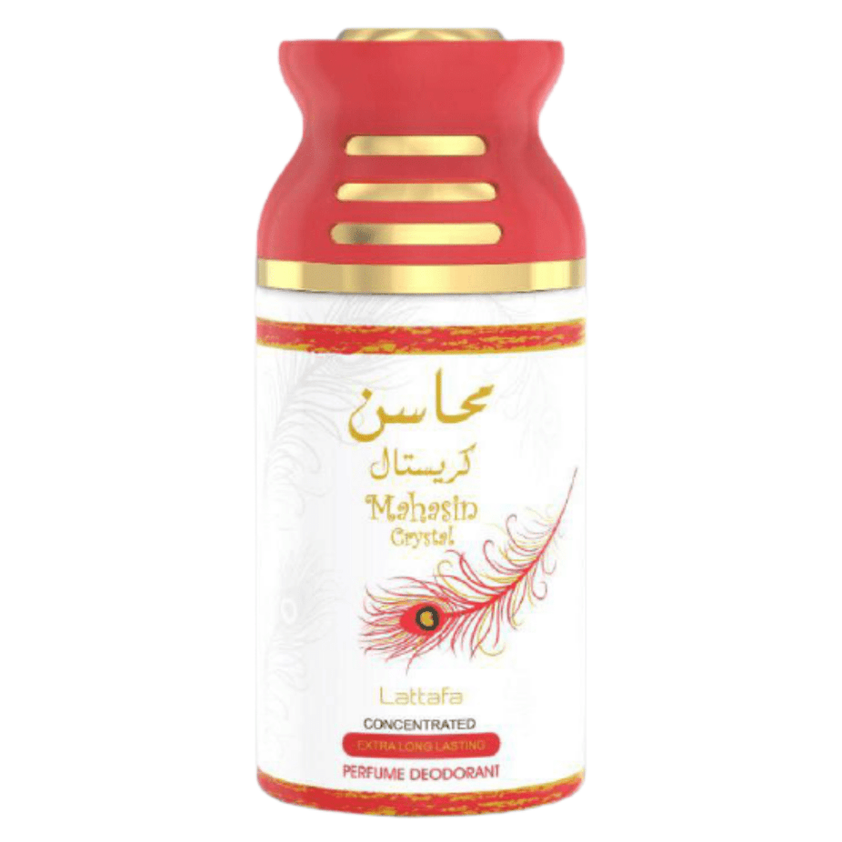 Lattafa Mahasin Crystal deodorant for women in 250ml spray bottle, featuring clear crystal packaging and elegant design.