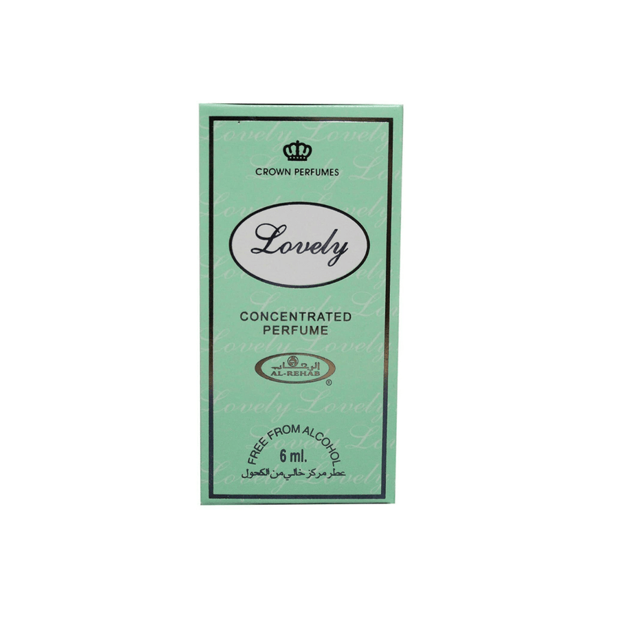 Al Rehab Lovely 6ml concentrated perfume oil bottle with elegant packaging and gold accents.
