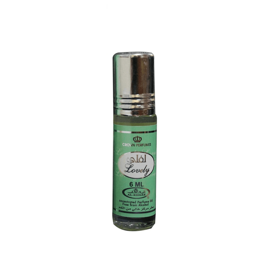 Al Rehab Lovely 6ml concentrated perfume oil bottle with elegant design, showcasing the perfume oil container.
