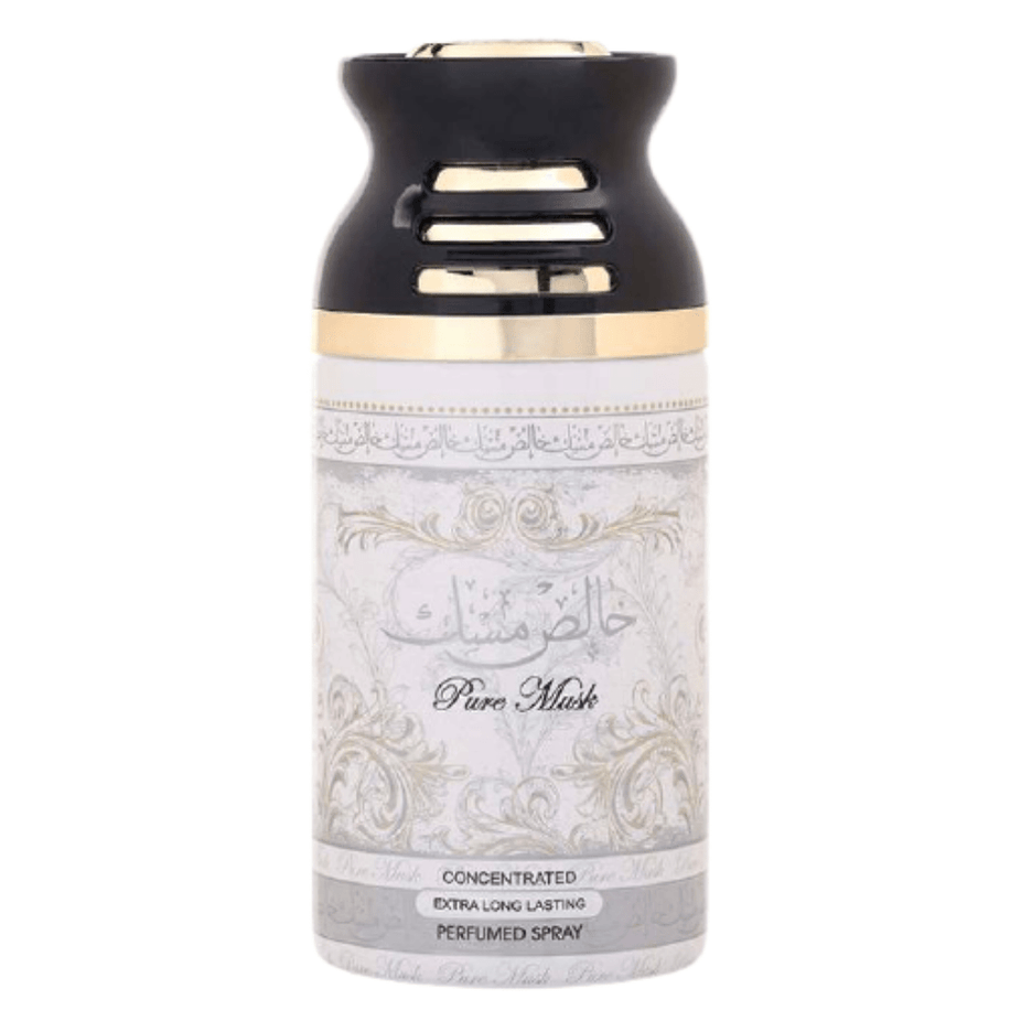Pure Musk Deodorant by Lattafa, 250ML spray bottle with sleek design, featuring the fragrance label and clear cap.