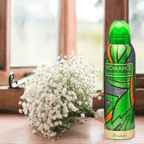 Rasasi Romance for Women deodorant spray bottle, 200ML, with elegant packaging and floral-themed design.