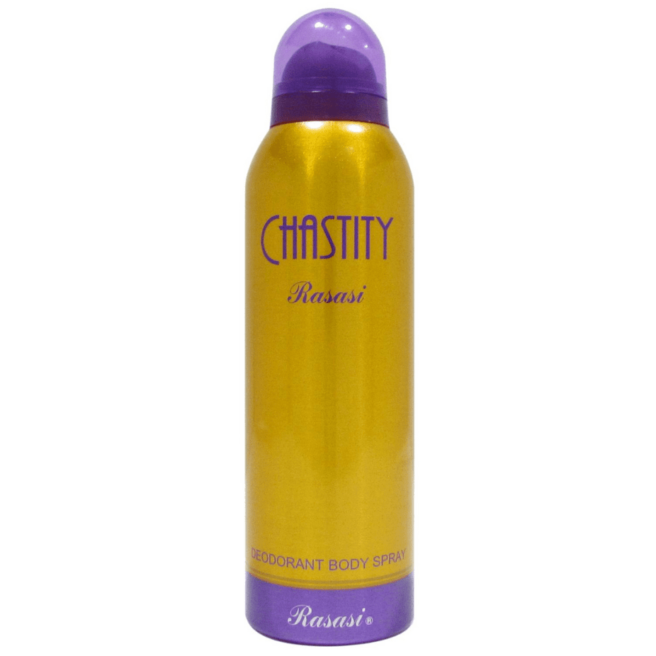 Rasasi Chastity for Women deodorant spray bottle, 200ML, with elegant packaging and branding on the label.