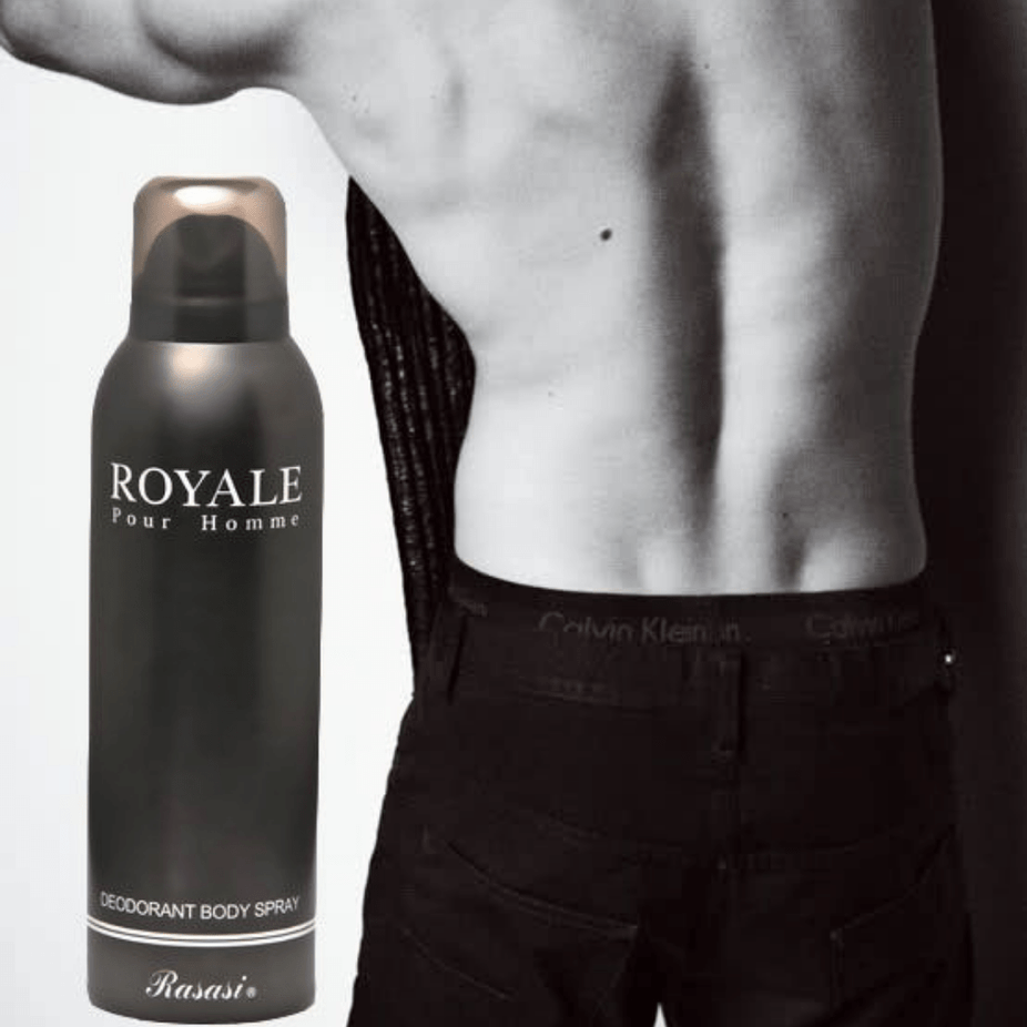Rasasi Royale for Men deodorant spray bottle, 200ML, with sleek packaging and product label visible.