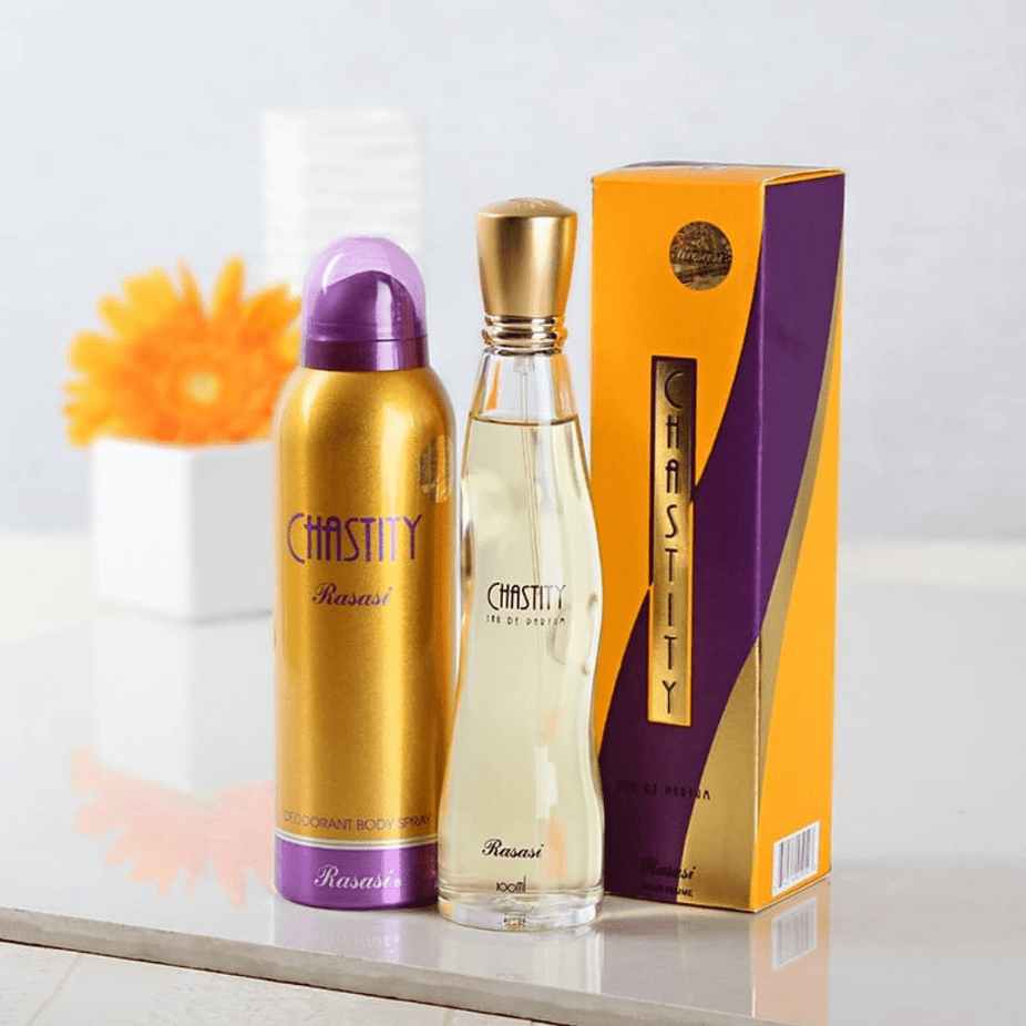 Rasasi Chastity for Women Deodorant spray bottle, 200ML, with sleek design and clear branding on the label.