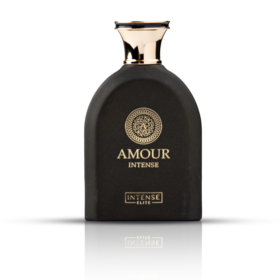Bundle of two Intense Oud fragrances: Nebras EDP and Amour Intense EDP, 100ml each, with elegant bottle designs.
