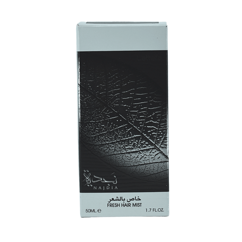 Lattafa Najdia Hair Mist 50ml, a floral-scented spray with a sleek bottle, designed to refresh and add shine to hair.