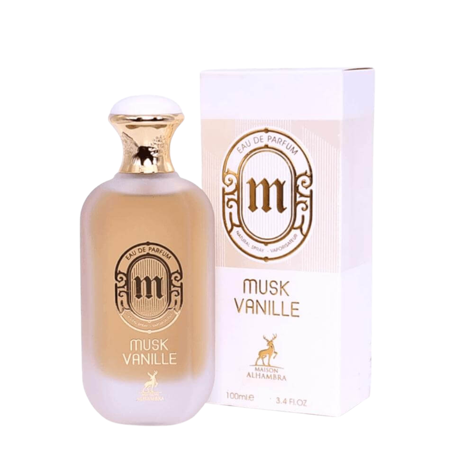 Maison Alhambra Libbra Musk Vanille & La Vita Bella Eau de Parfum sprays, 100ml bottles, featuring elegant perfume packaging.