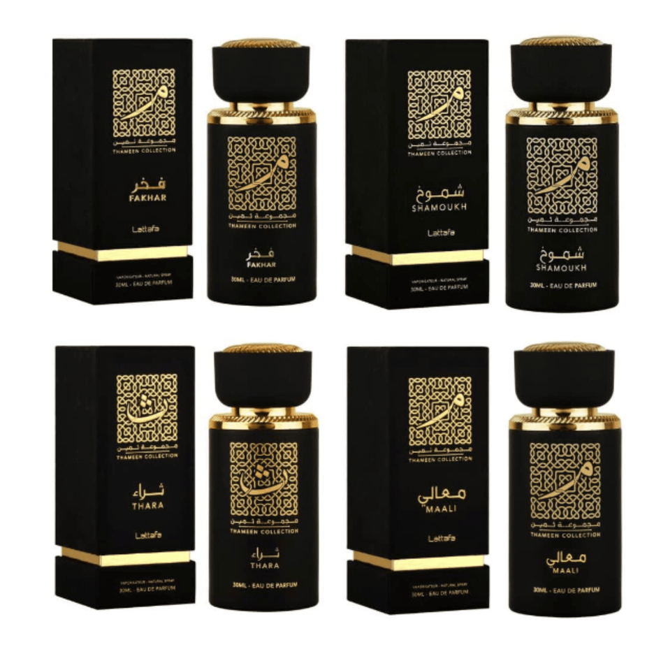 Lattafa Fakhar Thara Maali and Shamoukh EDP 30ml perfume bottles with elegant packaging and floral fragrance accents.