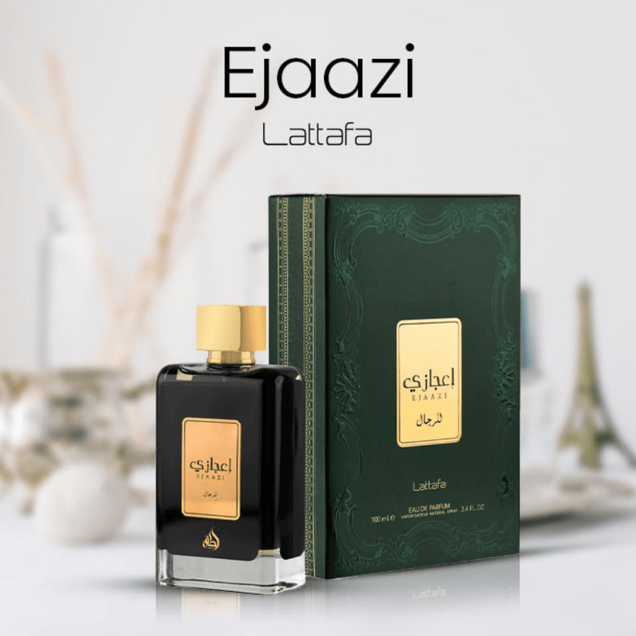 Lattafa Ejaazi Eau De Parfum Spray 100ml with sleek bottle and elegant design, showcasing the fragrance packaging.