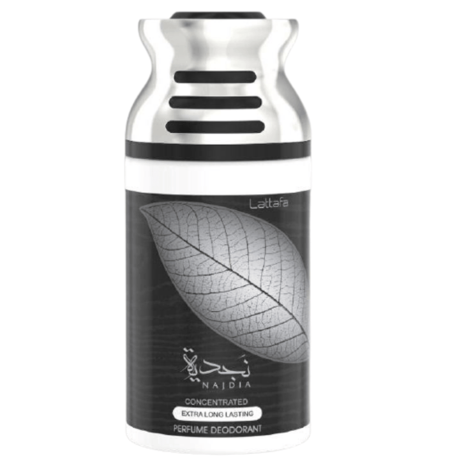 Lattafa Najdia for Men Deodorant 250ml bottle, featuring a sleek design and label with product branding and details.