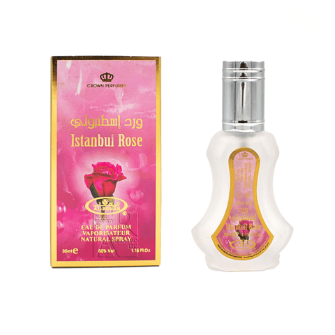 Al Rehab Istanbul Rose EDP 35ml bottle, floral Eau De Parfum with a pink cap and elegant design.