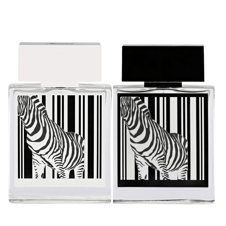 Rasasi Rumz Zebra 9325 EDP couple perfume set, featuring two elegant bottles with zebra print design for him and her.