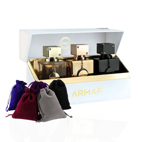 Armaf 3-piece Club De Nuit For Women collector's pride perfume set with 30ml Eau de Parfum sprays in a velvet pouch.