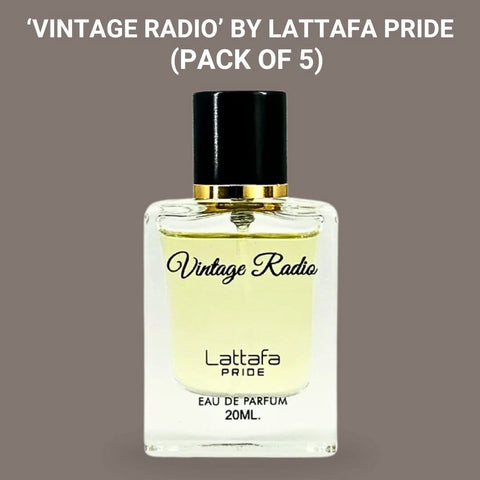 Vintage radio-shaped Eau de Parfum spray bottle by Lattafa Pride, 20ml, part of a value pack, decorative vintage design.