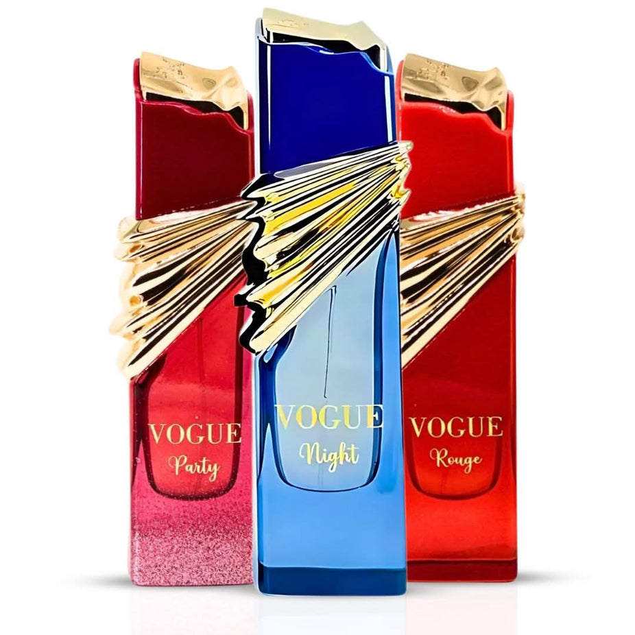 Maison Alhambra Vogue Party, Vogue Night & Vogue Rouge Eau de Parfum spray bundle, 100ml bottles, elegant fragrance set