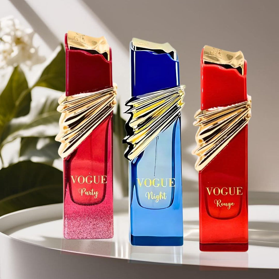 Maison Alhambra Vogue Party, Night & Rouge Eau de Parfum Spray bundle, 100ml each, featuring elegant perfume bottles.
