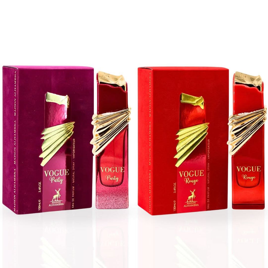 Maison Alhambra Vogue Party and Vogue Rouge Eau de Parfum spray bundle, 100ml, featuring elegant perfume bottles.