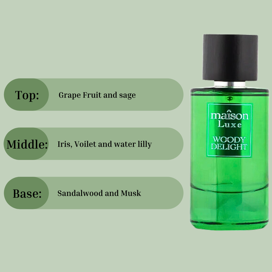 Hamidi Woody Delight EDP spray 110ML, a natural-inspired Eau De Parfum with warm woody fragrance in a sleek bottle.