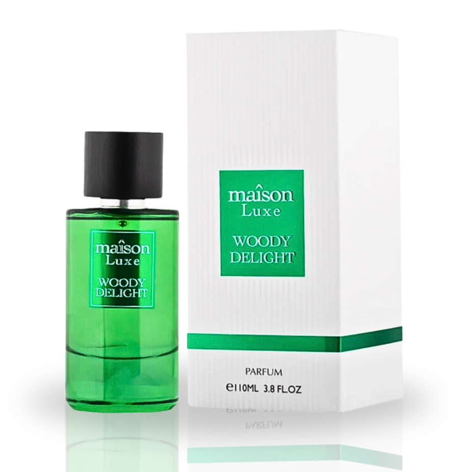 Hamidi Maison Luxe Woody Delight EDP spray 110ml, featuring a captivating natural woody fragrance in a sleek bottle.