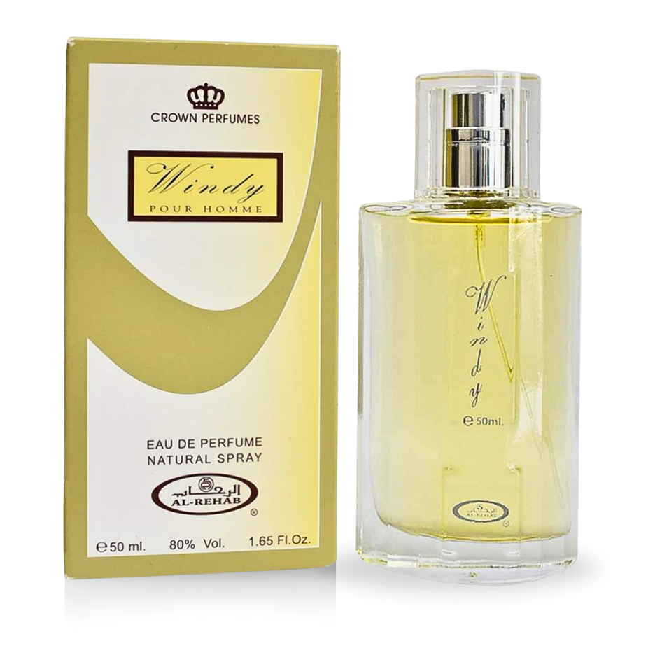 Al Rehab Windy Pour Homme Eau de Parfum bottle, 50ml (1.7 oz), with sleek design and clear label on a neutral background.