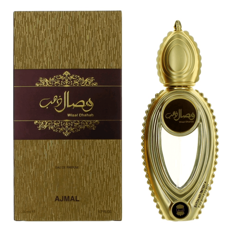 Wisal Dhahab Eau de Parfum spray by Ajmal, 50ml bottle, featuring elegant perfume packaging and branding.