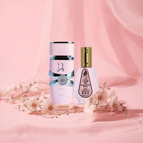 Bundle of Intense Oud Yara Eau De Parfum 100ml and Pink Blush Shams Al Emarat 50ml in elegant bottles, showcasing luxurious fragrance packaging.