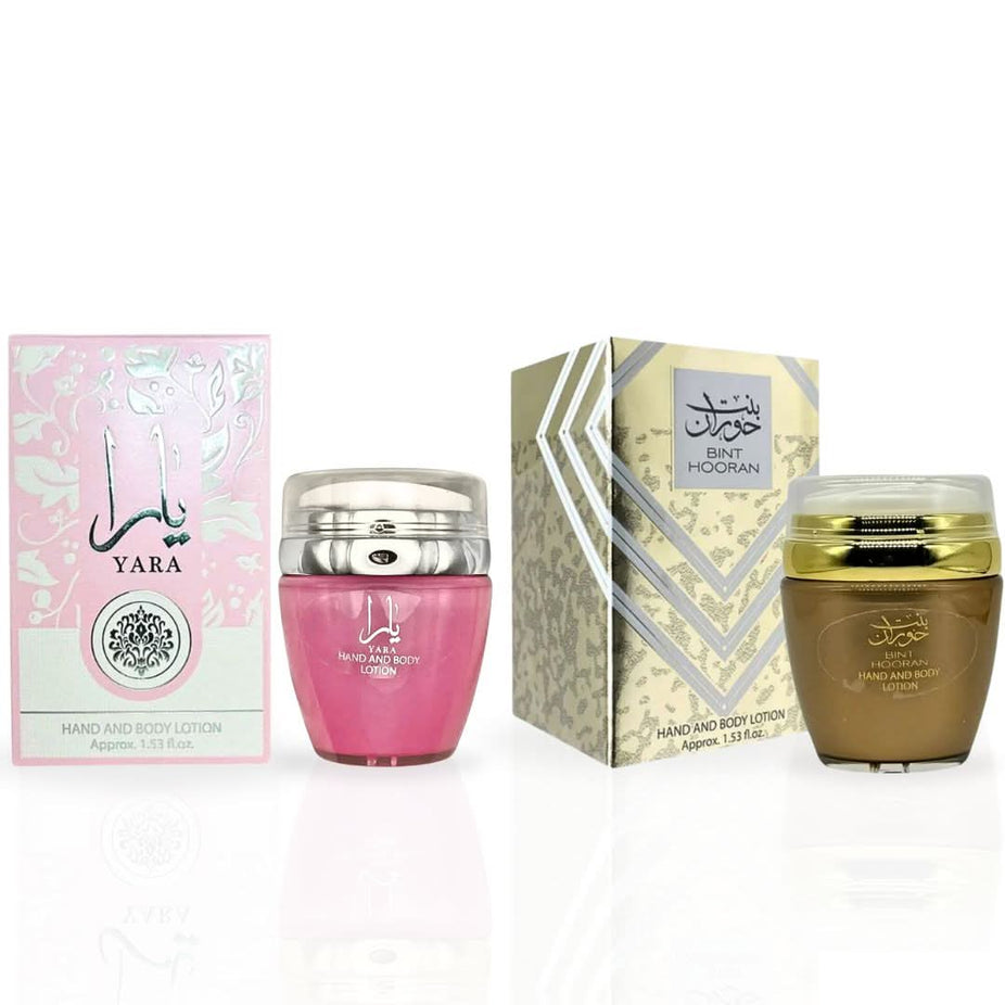 Bundle of Ard Al Zaafaran Yara and Bint Hooran hand and body lotions in 45ml bottles, featuring floral and oriental scents.