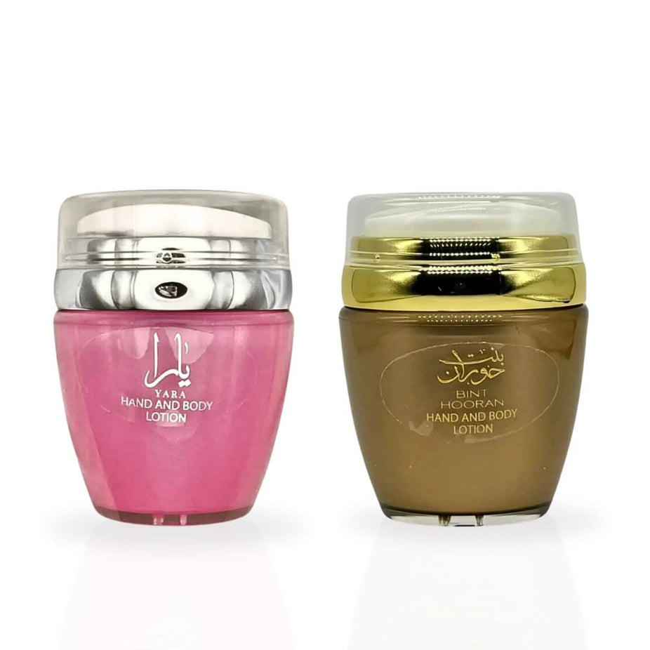 Bundle of Ard Al Zaafaran Yara and Bint Hooran hand and body lotions in 45ml bottles, featuring floral and oriental scents.